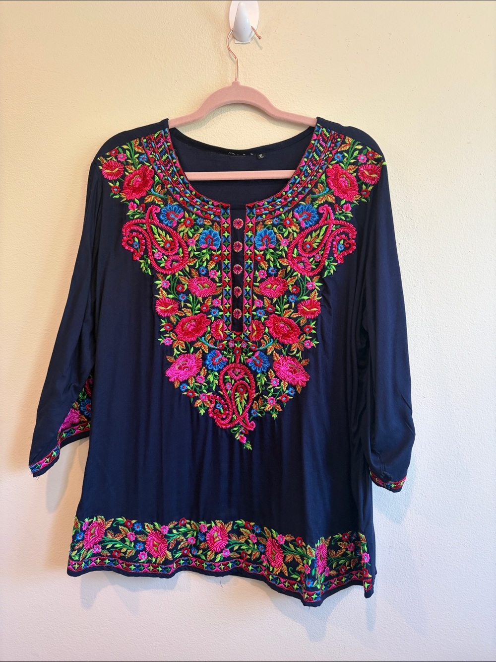 Kambul Mexico Embroidered Navy Floral Tunic Top